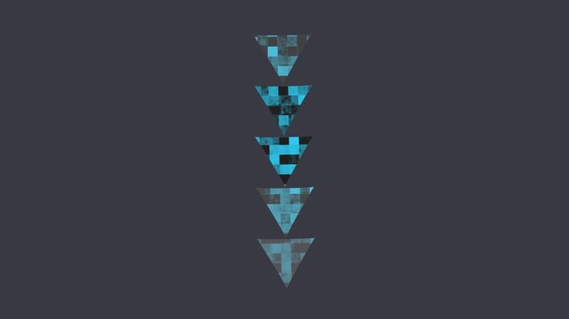 Three stacked abstract triangles pointing downwards with a pixelated texture in blue and grey on a dark grey background
