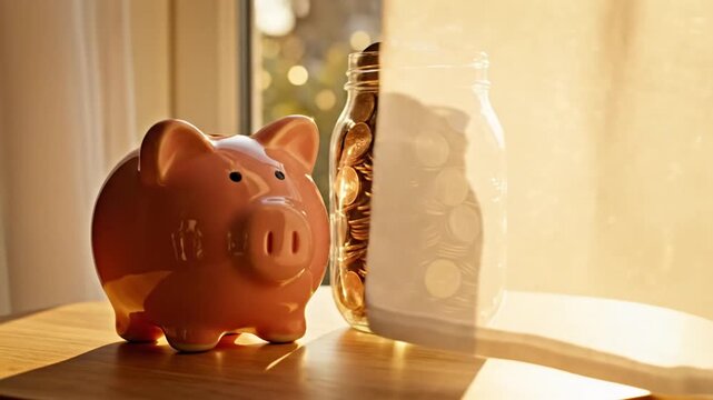 Piggy Bank and Coin Jar Riches Money Savings Concept