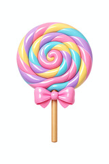 Colorful Swirl Lollipop with Pink Bow, 3D Render Illustration of Pastel Rainbow Candy on Wooden Stick, Sweet Confectionary Isolated on White Background for Party and Birthday