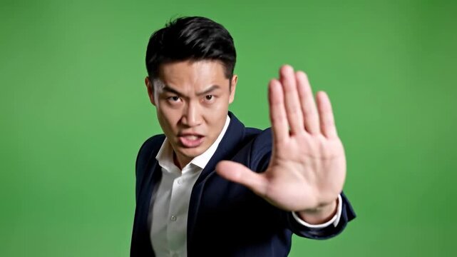 A serious businessman emphatically stops something with his hand, perfect for illustrating boundaries, refusal, or assertive communication in corporat