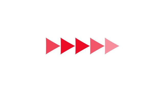 Three Red and Pink Gradient Arrows Pointing Right on White Background Keywords: arrow, direction, forward, right, progress, movement, next, play, fast forward, navigation, symbol, icon, graphic