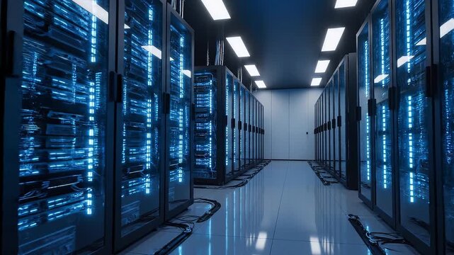 Animation of graphs in rectangle and lens flares over server room. Digital composite, multiple exposure, report, business, data center, coding, database, networking, technology and network server.