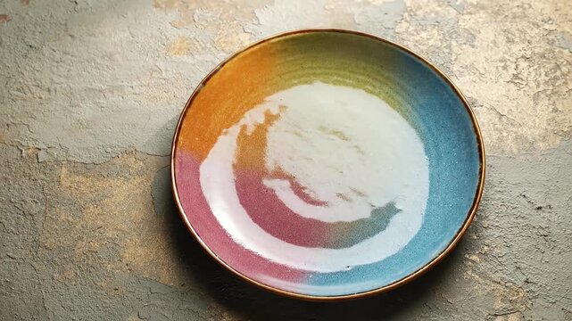 A top-down shot showcases a beautifully crafted ceramic plate, featuring a captivating gradient of vibrant colors that seamlessly blend from warm yellows and oranges to soft pinks, greens, and cool bl