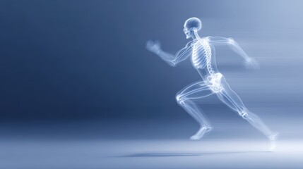 Naklejka premium anatomical illustration of human skeleton in runner pose, dynamic motion against blue gradient background, sports medicine concept
