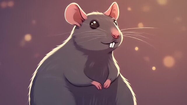 A cheerful cartoon rat with big ears and a fluffy body, surrounded by a warm, glowing background