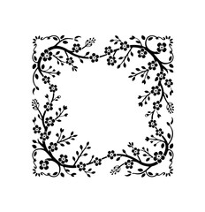Collection of eight hand drawn black floral frames and borders with leaves and branches on white background