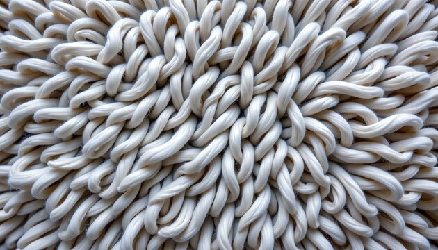 A close up view of a texture rich, white knitted fabric with numerous ridges and stitches, creating a voluminous appearance.