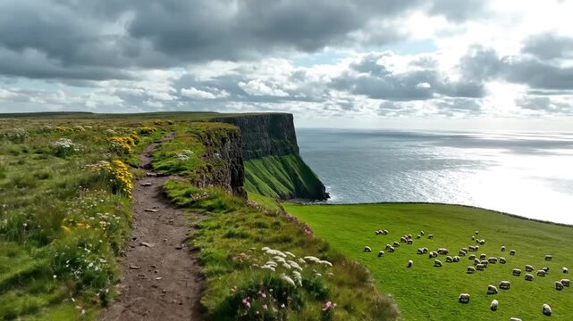 Cliffs Edge Path with Sheep Grazing Nearby.