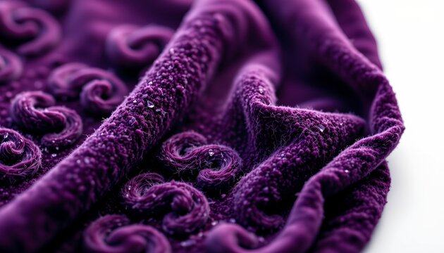 A close up of a purple textured fabric with swirling patterns, resembling a cozy, woven material possibly used for blankets or similar items.