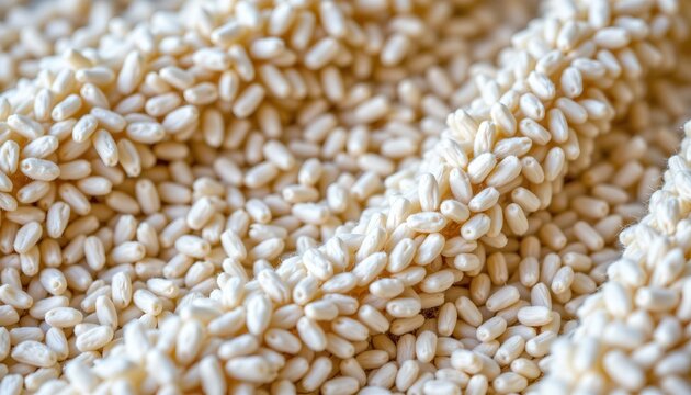 A close up of a large quantity of small, round grains, which appear to be rice given their shape and size