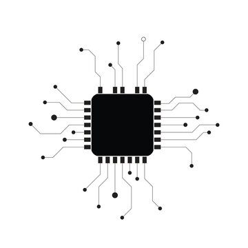 Minimal vector illustration of a black microchip processor with circuit line connections isolated on a light background. Ideal for technology, electronics, artificial intelligence, hardwar.