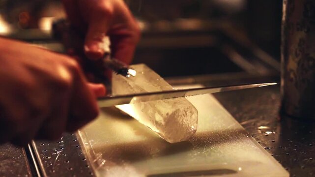 A close-up of a skilled bartender's hands using a sharp knife to precision-carve a crystal-clear block of artisanal ice on a cutting board at bar.