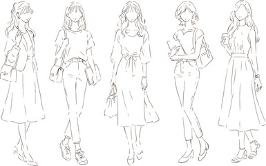 シンプルタッチの女性のイラストセット　5パターン