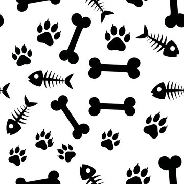 "Pet Pattern with Paw, Bone, Fish Skeleton &ndash; Black and White, Seamless, Animal, Minimalist, Vector Background"

