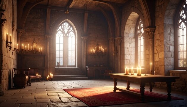Candlelit interior of a medieval castle's grand hall with stone walls and arched windows