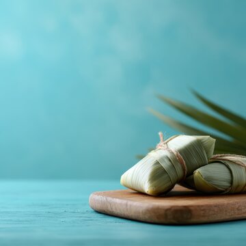 traditional Malaysian ketupat palas wrapped in palm leaves on wooden board, bright turquoise background, clean composition, high resolution food photography