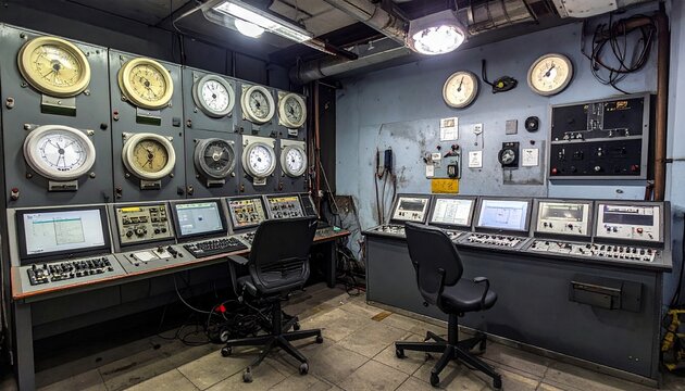 Vintage industrial control room with analog gauges and computer monitors.