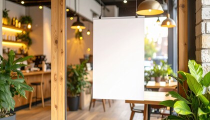Large white paper banner hangs in window of cozy restaurant with wooden interior and soft light from brass lamps