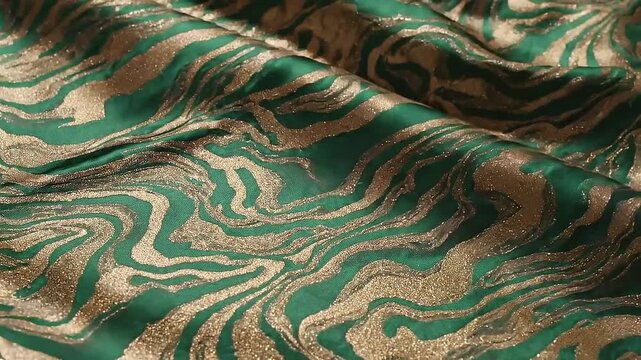 Macro shot of vibrant emerald green and gold abstract silk fabric rippling smoothly in extreme slow motion for luxury fashion