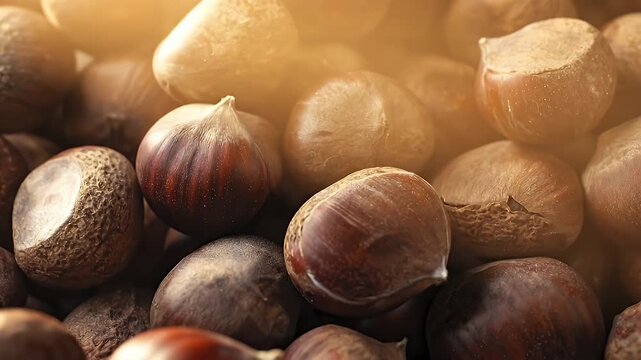 A visually appealing close-up macro shot showcases a bountiful pile of hazelnuts still in their natural, textured shells. Bathed in a soft, warm golden light, the scene evokes a sense of natural abund