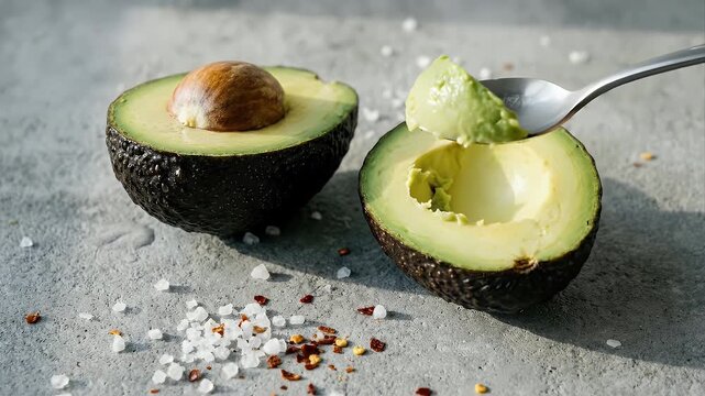 A visually appealing close-up captures two halves of a ripe, dark-skinned avocado resting on a textured gray concrete surface. One half distinctly displays its large, brown pit, while a gleaming silve