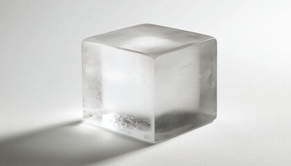 Transparent Ice Cube on White Surface with Soft Shadow Play