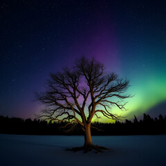 Solitary Tree Underneath the Aurora Borealis and Starry Night