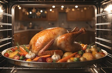 Fototapeta premium Festive Turkey Roasting for Celebration: A large turkey roasting inside a spacious oven, festive kitchen decorated with subtle holiday ornaments in the blurred background, warm golden lighting.
