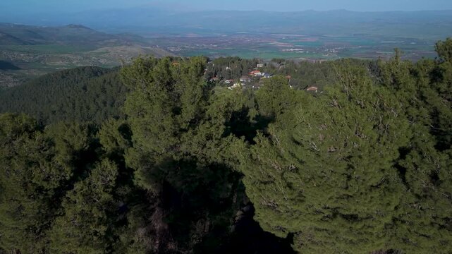 Amuka community nestled in Biriya Forest greenery with a distant view of Golan Heights and Hula Valley, Israel.