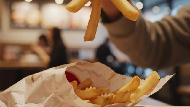 Close up of person grabbing salty french fries from a paper bag in a restaurant