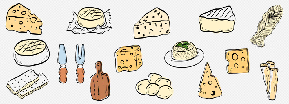 Cheese icon food with illustration party sketch and slice camembert doodle. Cheddar hand parmesan with gruyere piece brunch and dinner chechil vector. Simple swiss cheese with drawn