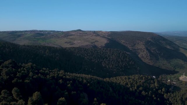 Biriya Forest aerial flight over coniferous trees towards Ein Zeitim village during a clear day in Galilee, Israel.