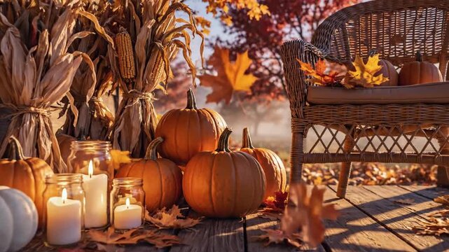 Autumn porch still life with pumpkins, wicker chair, corn stalks and pumpkins under falling leaves