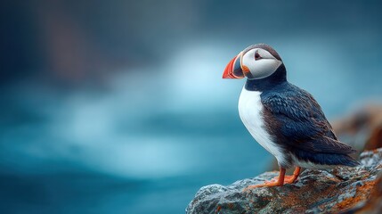 Obraz premium Atlantic puffin perched on rugged cliff edge overlooking cold blue ocean, showcasing detailed feathers and vibrant beak in soft coastal light