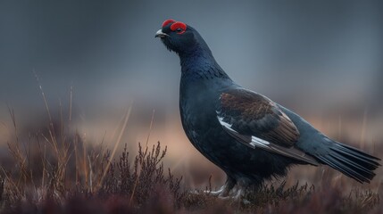 Obraz premium Black grouse displaying in early spring tundra with muted earthy tones, showcasing vibrant plumage and distinctive red comb in soft dawn light
