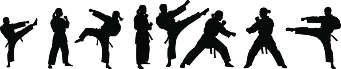 Naklejka premium Silhouette of people practicing various martial arts poses in a row