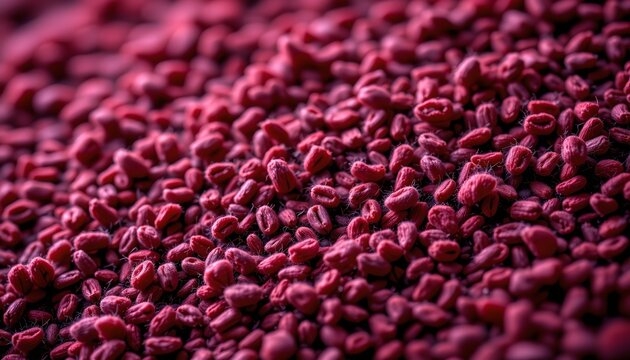 A close up view of a large quantity of vibrant red seeds, possibly fruits or berries, set against a darker background that contrasts with their color. This gives the impression of a bountiful harvest.