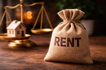Burlap sack labeled rent standing on wooden table with scale and house model in background