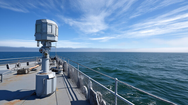 Image of naval ship radar grey color, sky sea background maritime surveillance, vessel detection equipment, ocean-based monitoring technology, with copy space