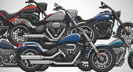 Collection of various modern cruiser motorcycles parked together. © Vita