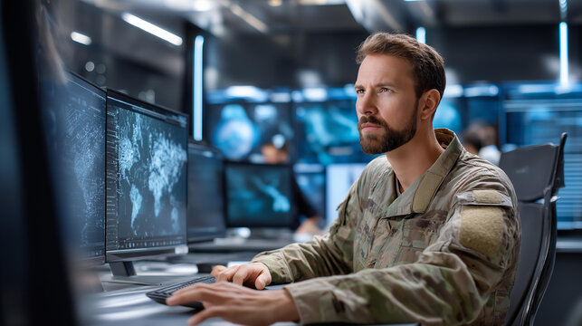Military operations room soldier monitoring high-tech screens, command center defense coordination, tactical visualization environment, strategic operations facility, with copy space