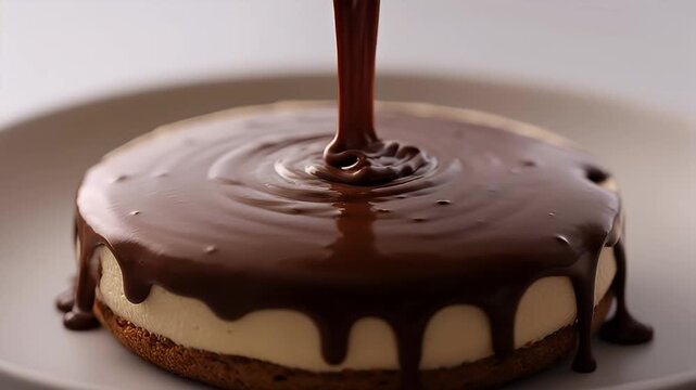 luscious chocolate fudge being poured over a round creamy cheesecake dessert
