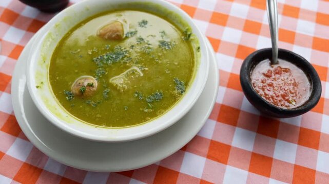 Delicious and hearty Colombian sancocho de gallina in a close-up shot on a checkered tablecloth. The vibrant soup is complemented by a side of spicy salsa, creating a colorful scene.