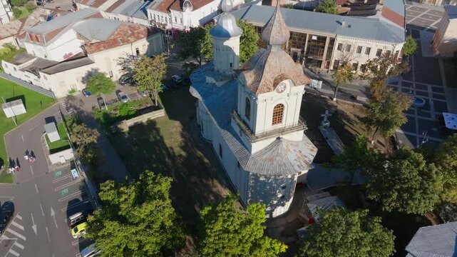 Sunset aerial of Uspenia Church. Orthodox architecture at golden hour. Botoșani, Rom&acirc;nia.