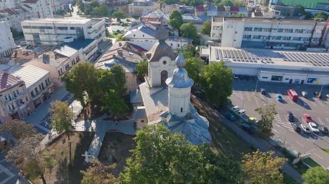 Drone orbit over the courtyard and gardens of Uspenia Church. Botoșani, Rom&acirc;nia.