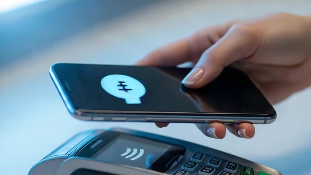 Customer pays using a smartphone on a wireless terminal for secure electronic transaction processing in a modern retail store.