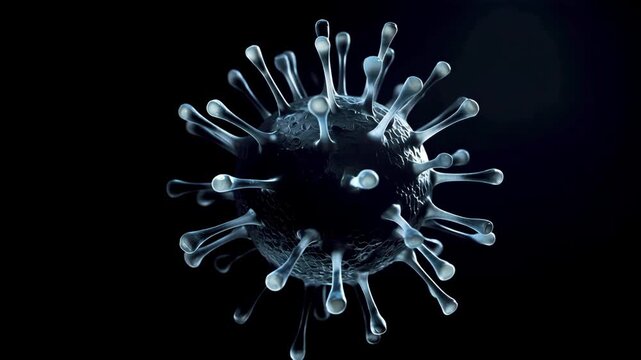 Animated visualization of glowing virus molecules under a microscope in pink hues, floating on a dark background. Ideal for medical or scientific themes.