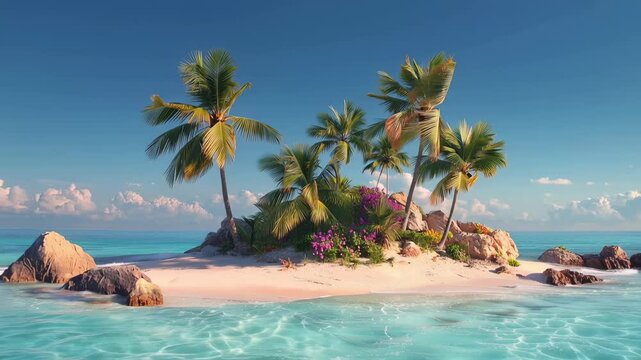 Tropical island background animation video with bright sky and clear water in seamless looping format for vibrant visuals