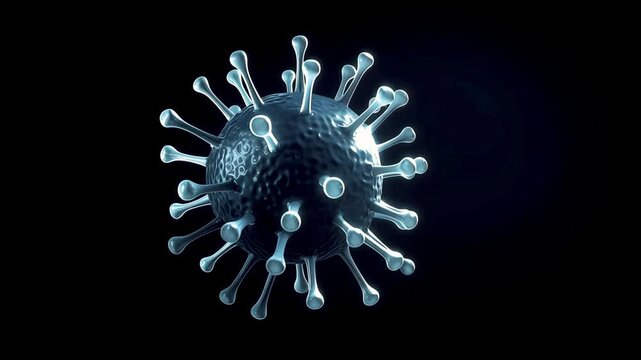 Animated visualization of glowing virus molecules under a microscope in pink hues, floating on a dark background. Ideal for medical or scientific themes.