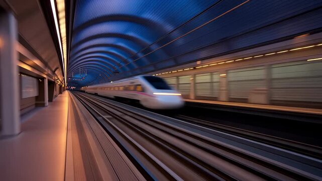 High speed train travels through a tunnel at dusk with motion blur showing the speed of the scene